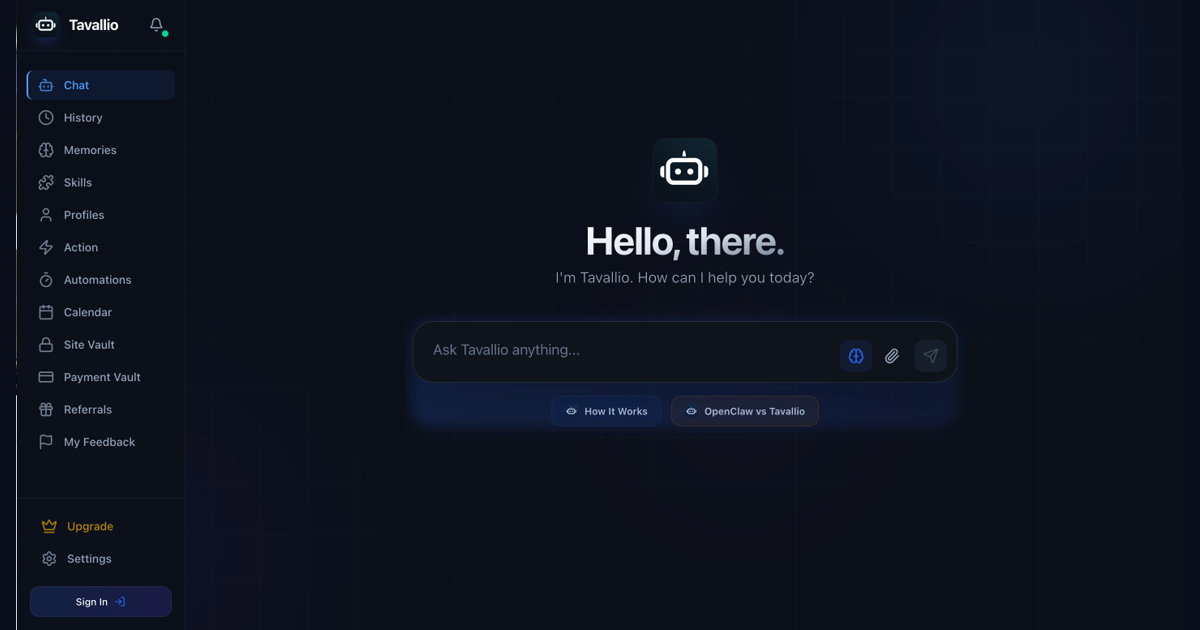 Tavallio AI assistant interface and brand mark